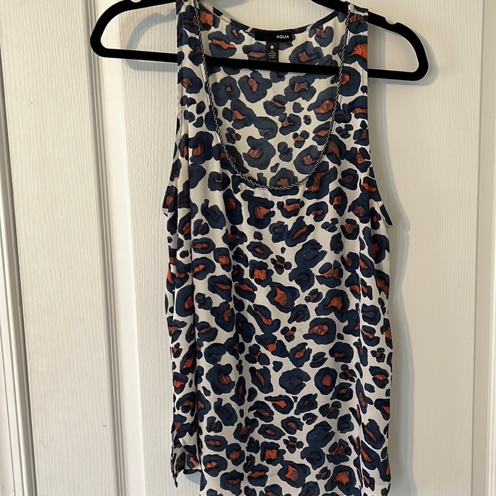 Aqua Womens Navy Blue Orange Leopard Animal Print Chain Trim Tank Top Blouse L